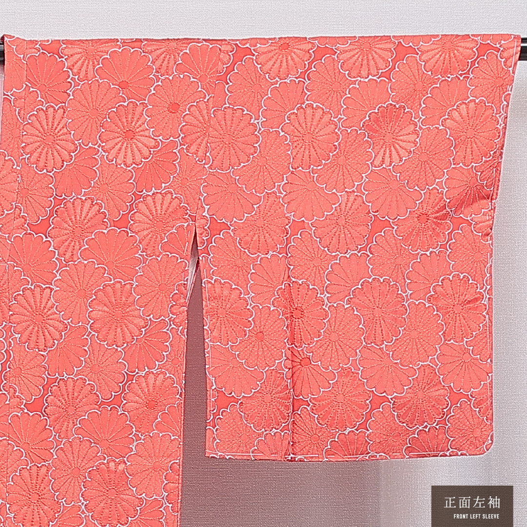 道行コート 袷 身丈86cm 裄丈64cm 正絹 Sランク セミフォーマル Mサイズ ポケットあり 菊 古典的 鮮やか 朱系 HP 1237-16161