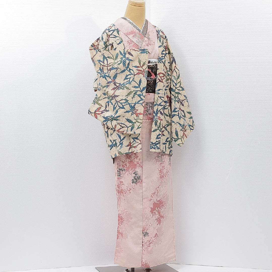 羽織 袷 身丈72cm 裄丈65cm 正絹 Aランク Mサイズ カジュアル 紐あり 植物柄 クリーム系 1217-15121