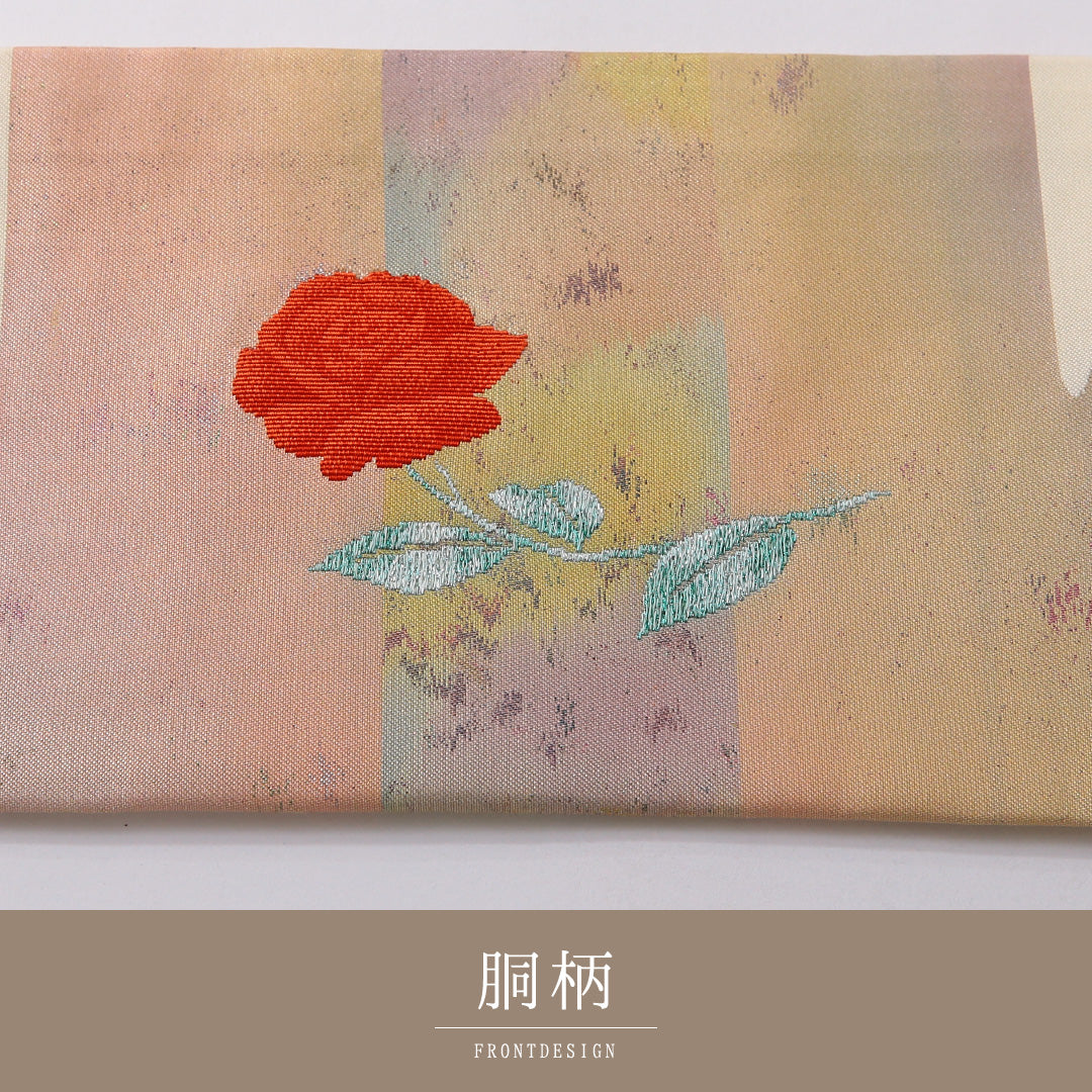 九寸名古屋帯 帯丈359cm カジュアル 名古屋仕立て ポイント柄 Cランク 正絹 綴れ織 薔薇 クリーム系 1224-03491