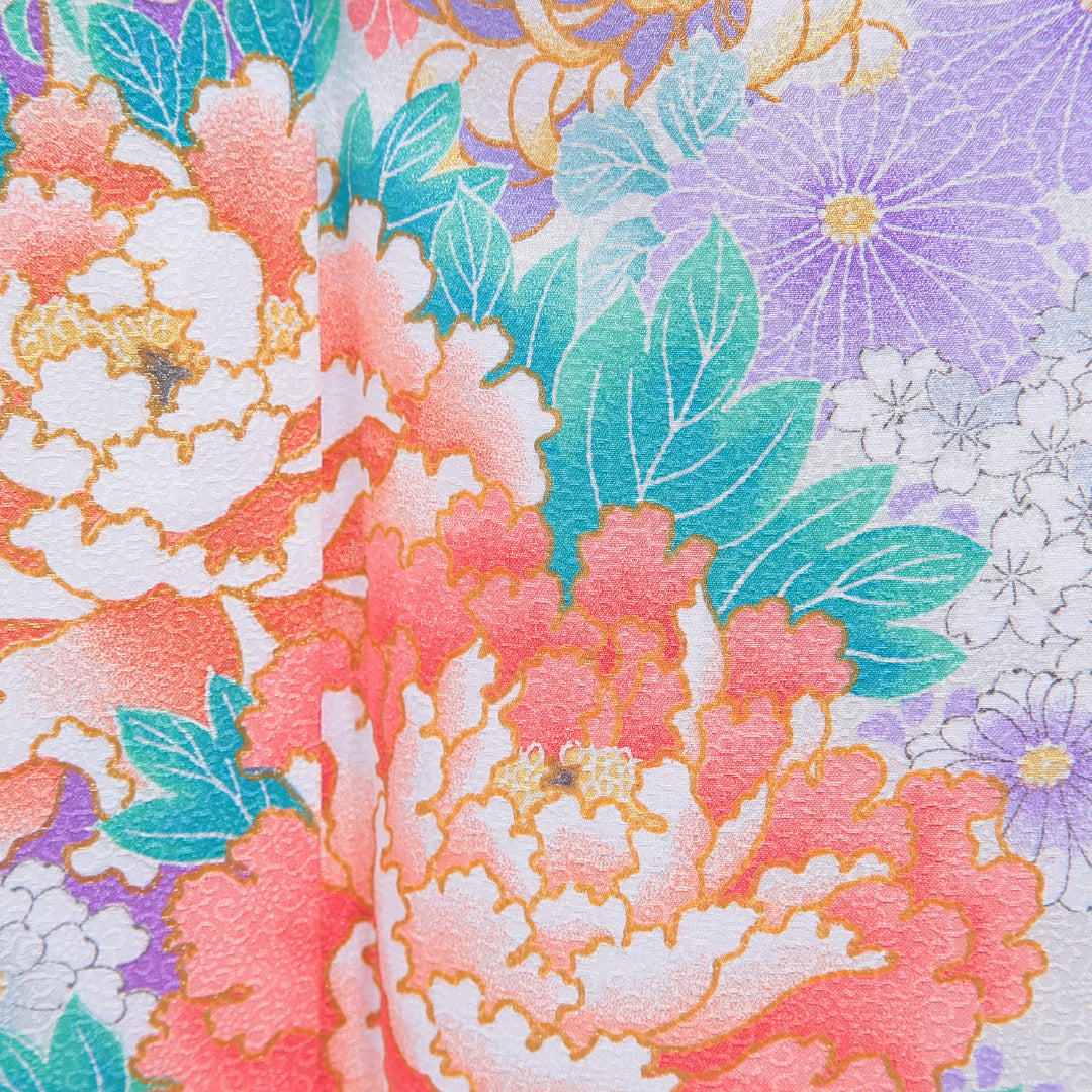 訪問着 洗える着物 袷 身丈164cm 裄丈64cm ポリエステル Aランク Lサイズ 広衿 セミフォーマル 熨斗 牡丹 紫系 1212-16213