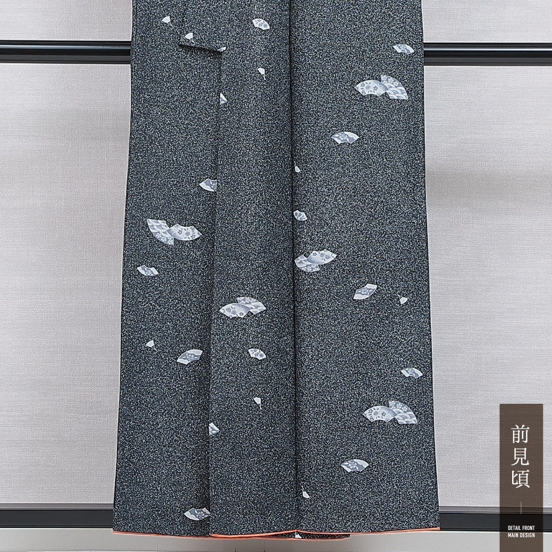 洗える着物 小紋 胴抜き 身丈153cm 裄丈63cm ポリエステル Aランク インフォーマル バチ衿 Sサイズ 扇 桜 グレー系 RP 1221-16003