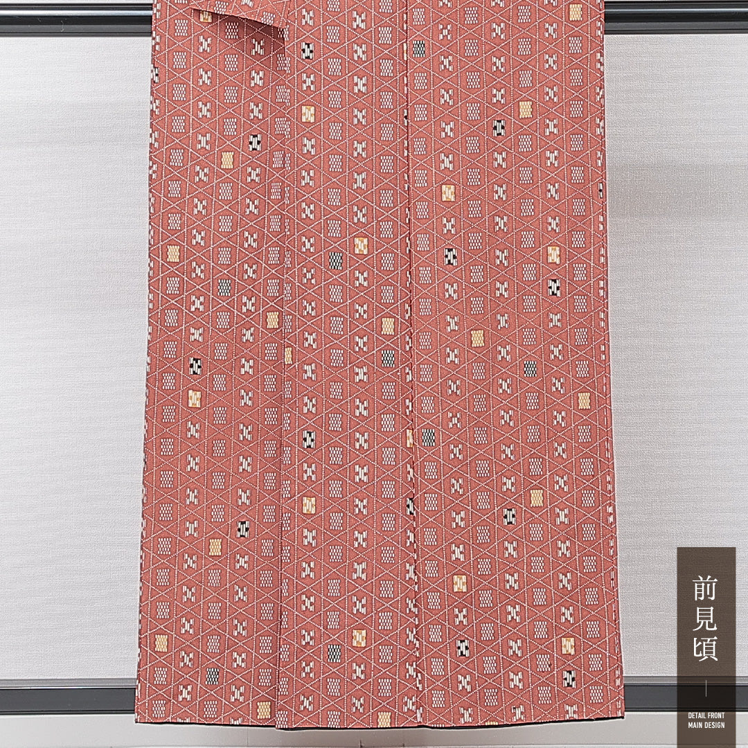 小紋 袷 身丈153cm 裄丈61cm 正絹 Sランク インフォーマル 広衿 Sサイズ 創作柄 赤系 RP 1221-15240