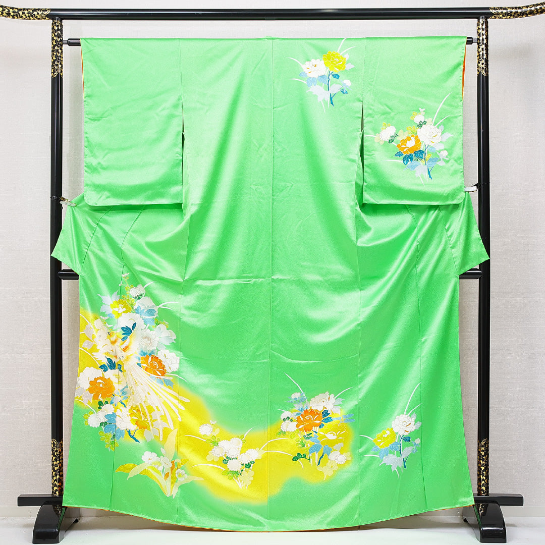 訪問着 袷 身丈167cm 裄丈62cm 正絹 Aランク セミフォーマル 広衿 XLサイズ 尾長鳥 牡丹 緑系 RP 1217-15085