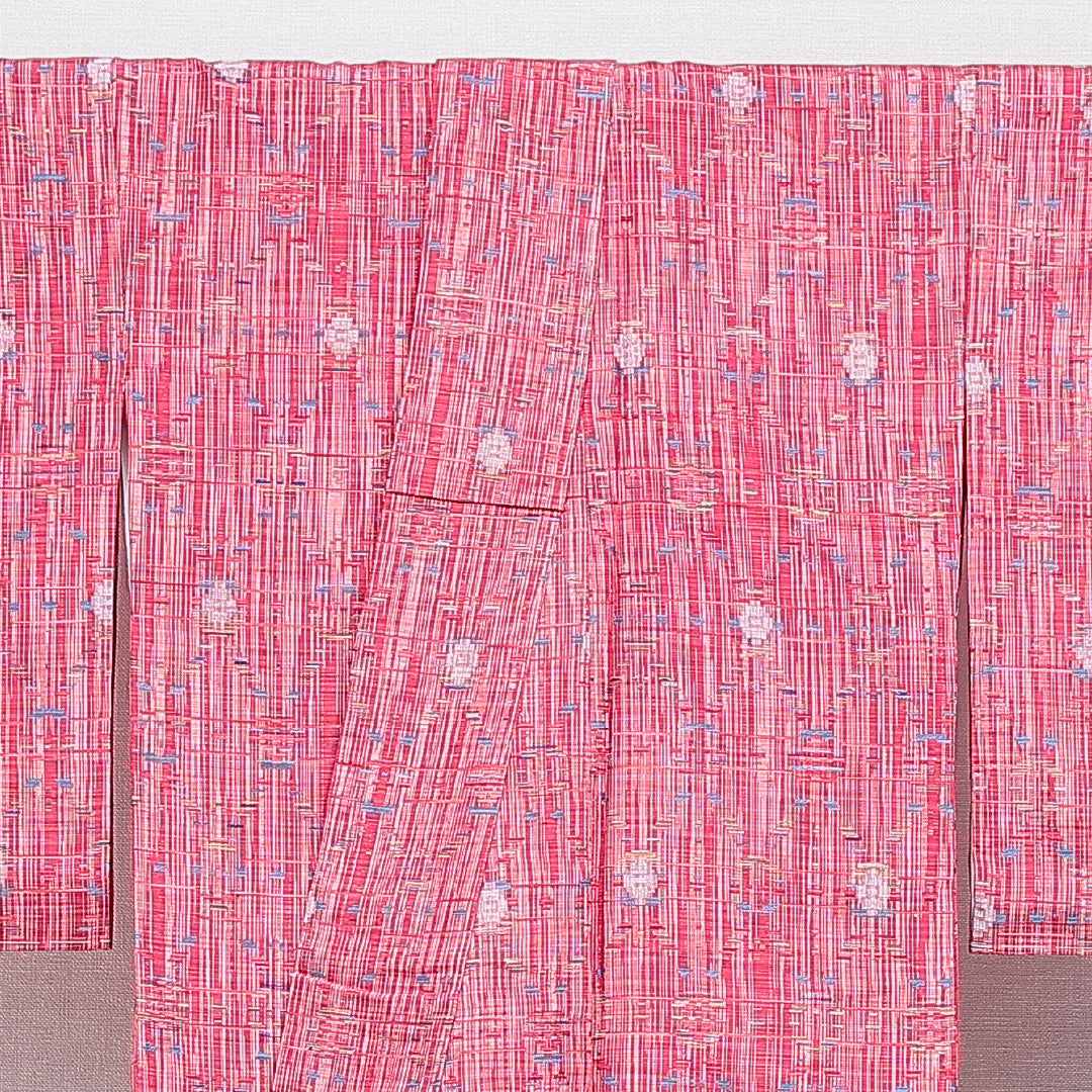 紬 袷 身丈153cm 裄丈64cm 正絹 Sランク Sサイズ 広衿 カジュアル 創作柄 ピンク系 1216-16663