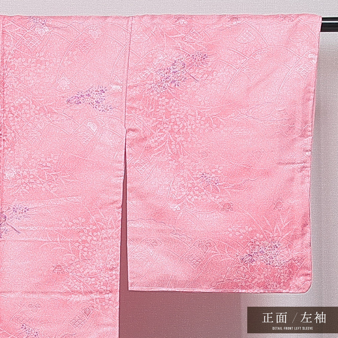 洗える着物 小紋 袷 身丈158cm 裄丈64cm ポリエステル Sランク インフォーマル 広衿 Mサイズ 古典柄 ピンク系 RP 1221-16056