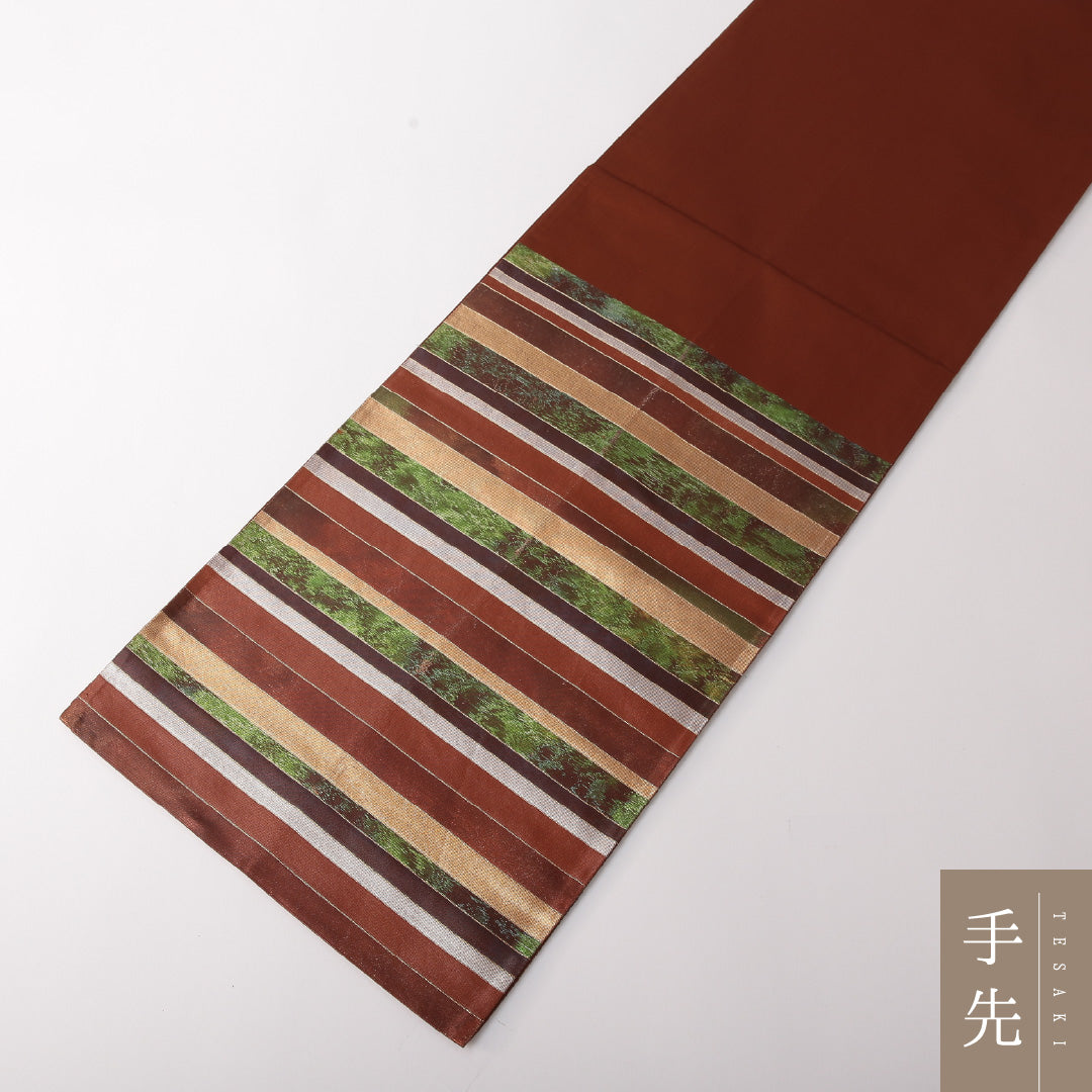 袋帯 帯丈440cm 正絹 全通 インフォーマル 間道 茶系 1243-01803
