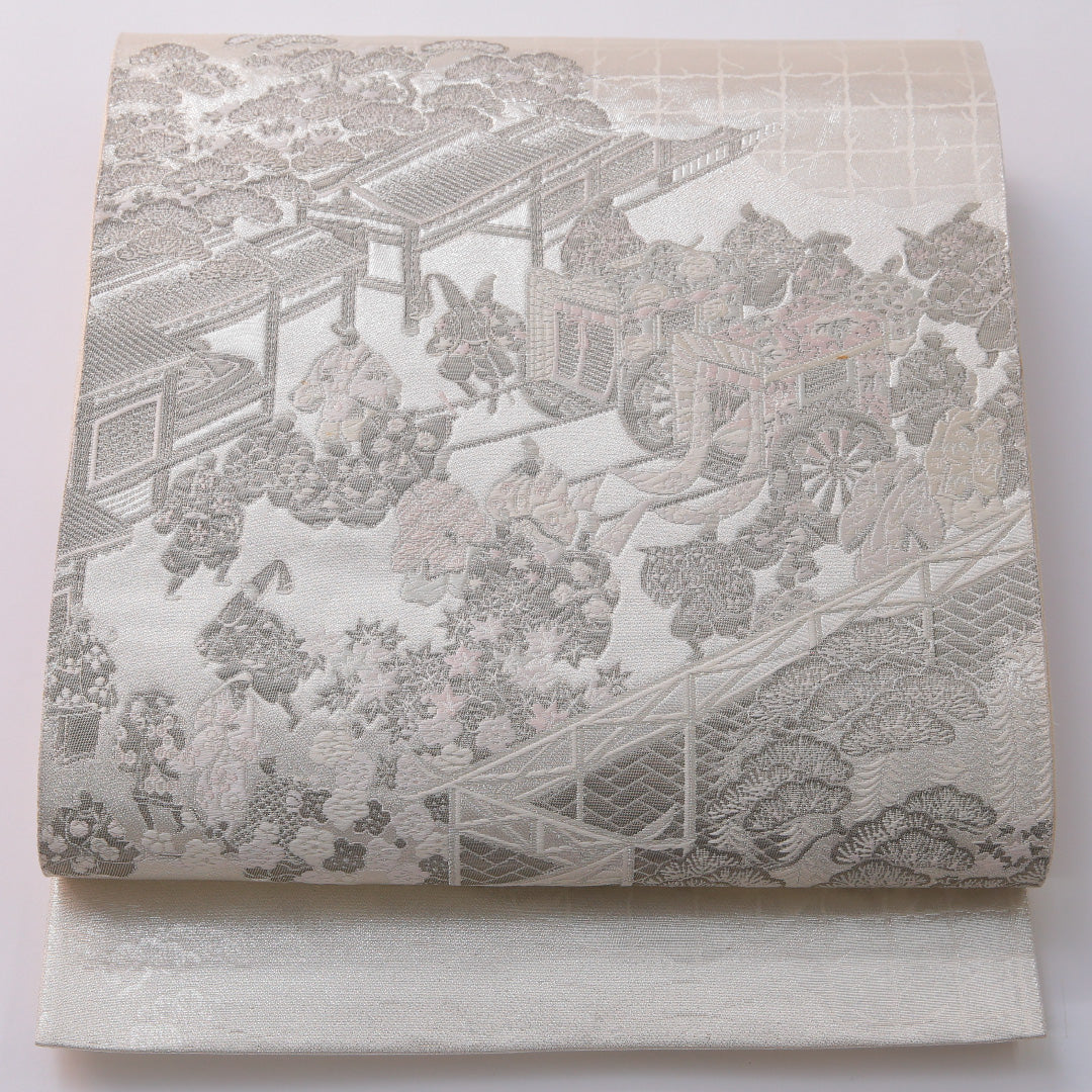 袋帯 帯丈436cm 正絹 六通 フォーマル 平安絵巻 御所解 吉祥文様 銀系 白系 1243-01965