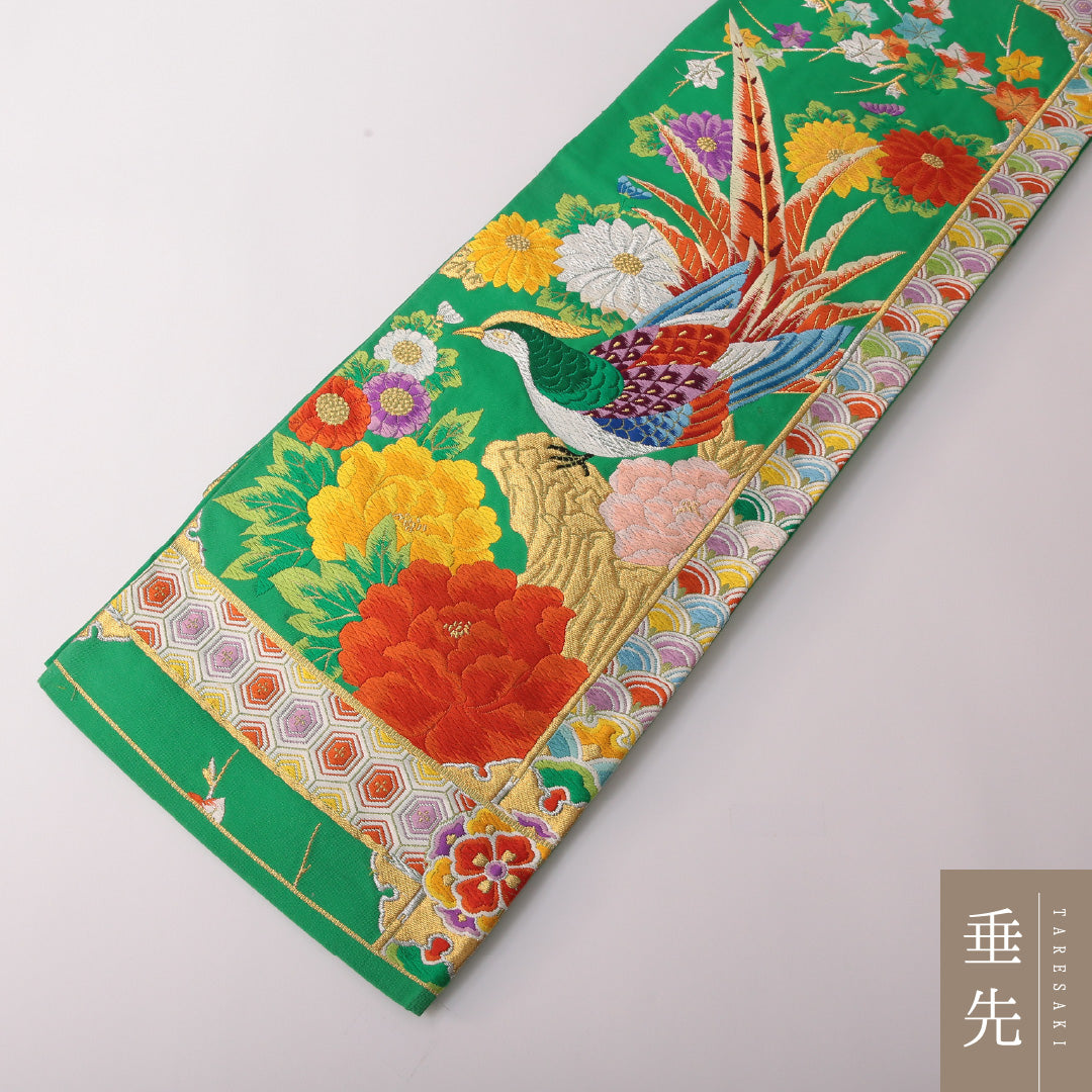 アンティーク 袋帯 帯丈420cm 正絹 六通 帯端のみ未仕立て 唐織 雉 古典柄 緑系 1243-01806