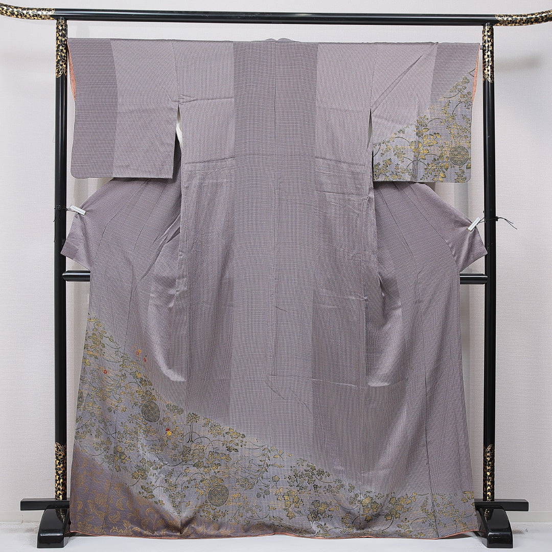 訪問着 袷 身丈169cm 裄丈66cm 正絹 Dランク XLサイズ 広衿 セミフォーマル 花柄 金彩 刺繍 金駒刺繍 グレー系 1212-15718