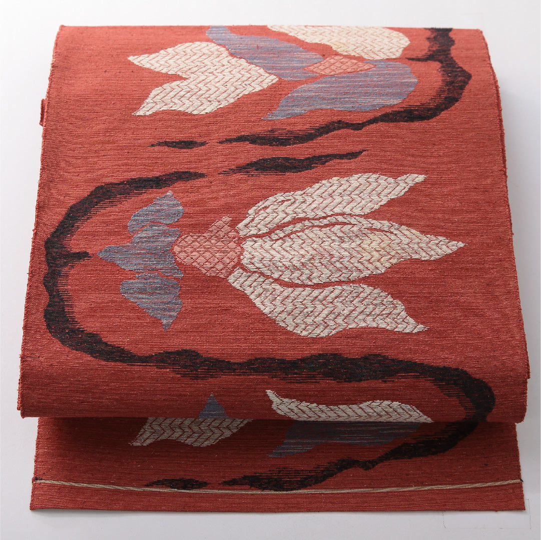 八寸名古屋帯（紬） 帯丈348cm カジュアル 松葉仕立て 六通 Cランク 正絹 花柄 赤系 朱系 1224-03820