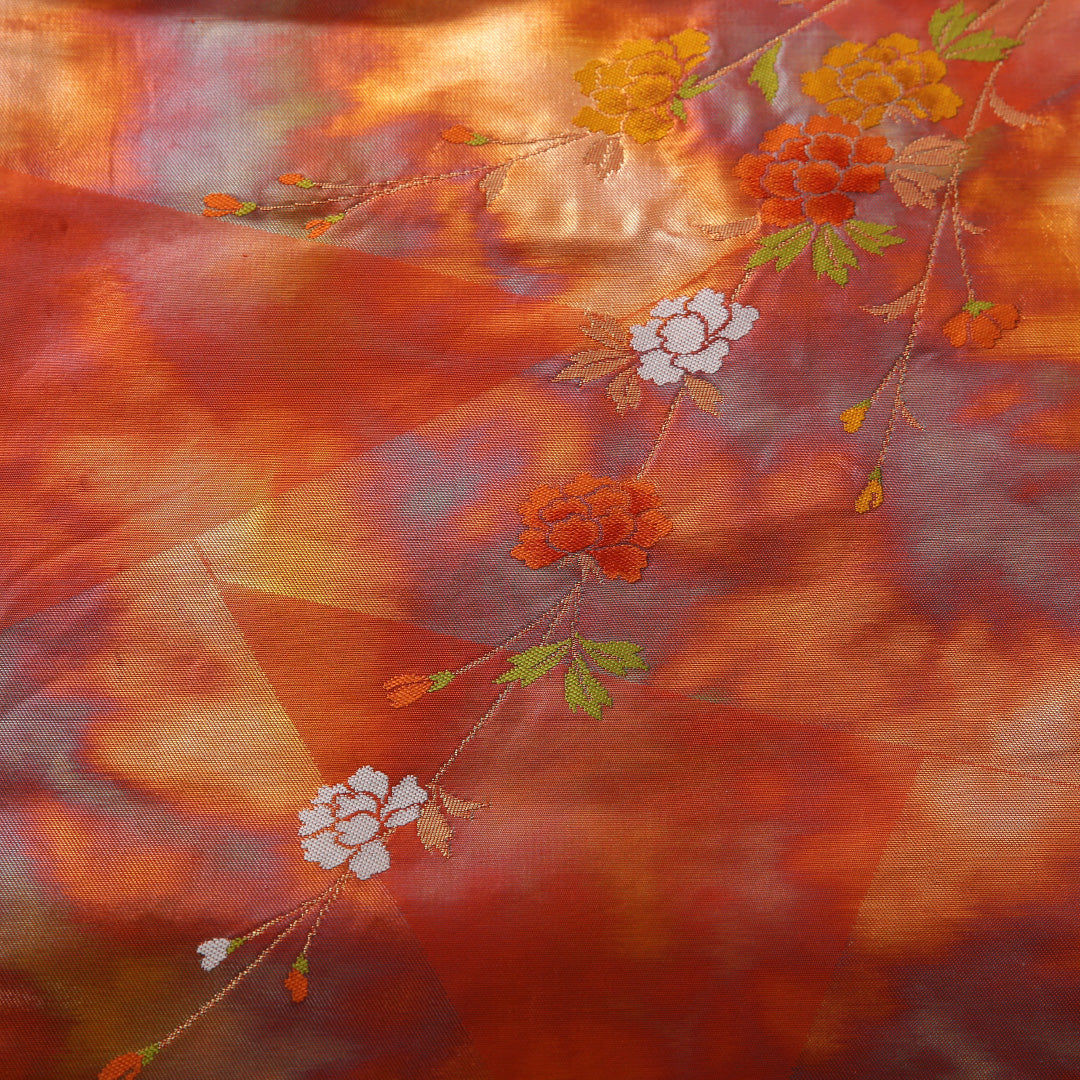 九寸名古屋帯 帯丈364cm インフォーマル 名古屋仕立て 六通 Dランク 正絹 牡丹 朱系 1224-03473