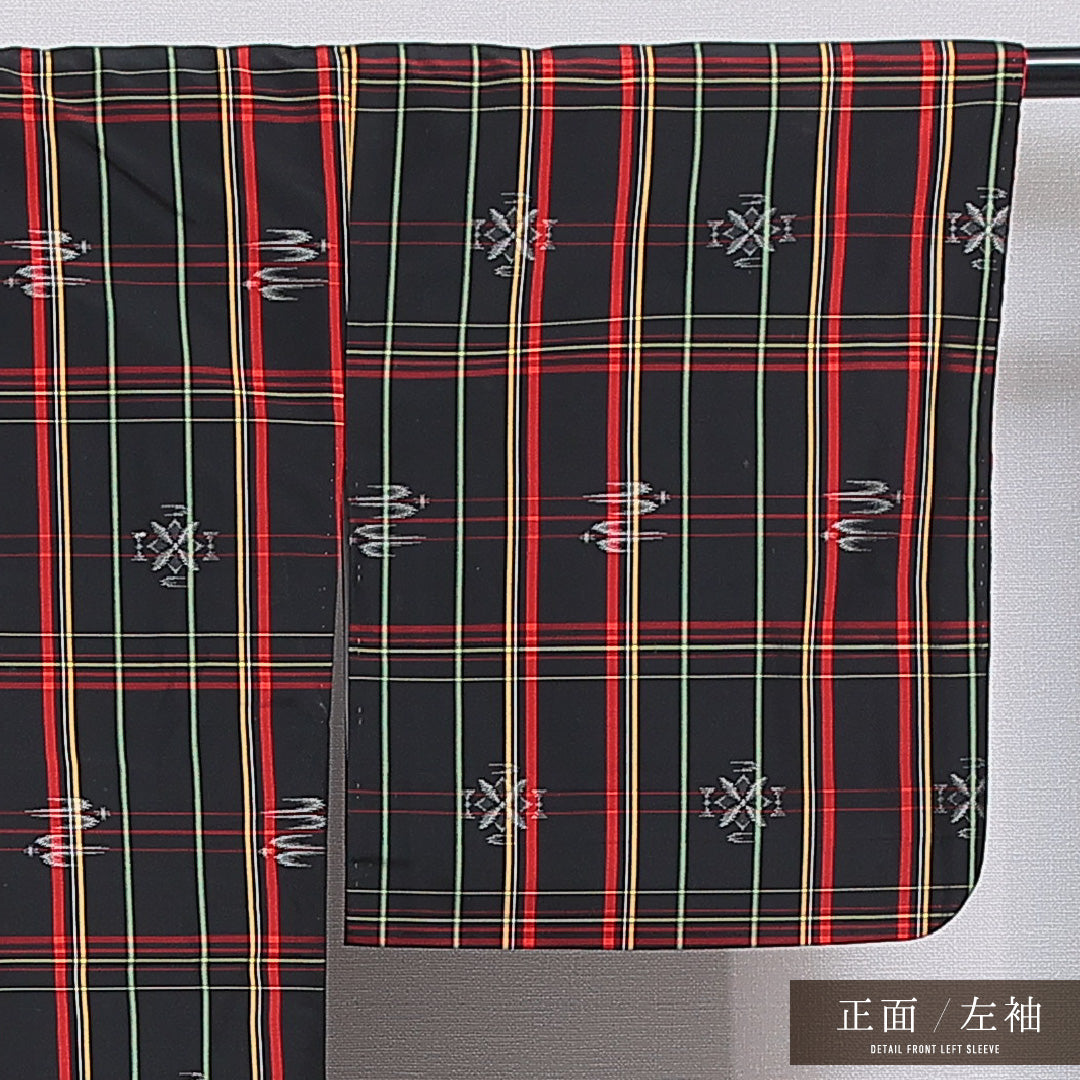 小紋 洗える着物 袷 身丈161cm 裄丈64cm ポリエステル Cランク Lサイズ バチ衿 インフォーマル 格子 黒系 1215-16370