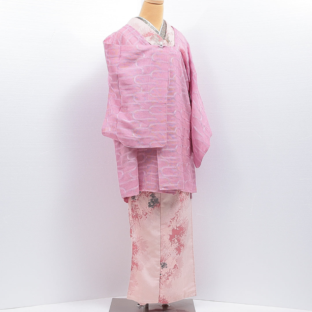 道行コート 夏物 洗える着物 紗 身丈88cm 裄丈61cm ポリエステル Sランク Sサイズ フォーマル 幾何学柄 落款 ピンク系 1263-16184