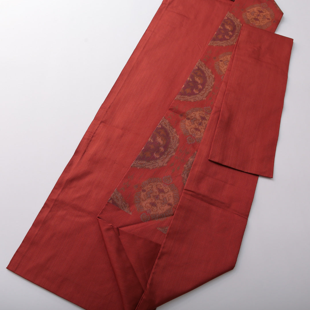 九寸名古屋帯 帯丈357cm カジュアル 名古屋仕立て 六通 Aランク 正絹 創作柄 赤系 朱系 1224-03501