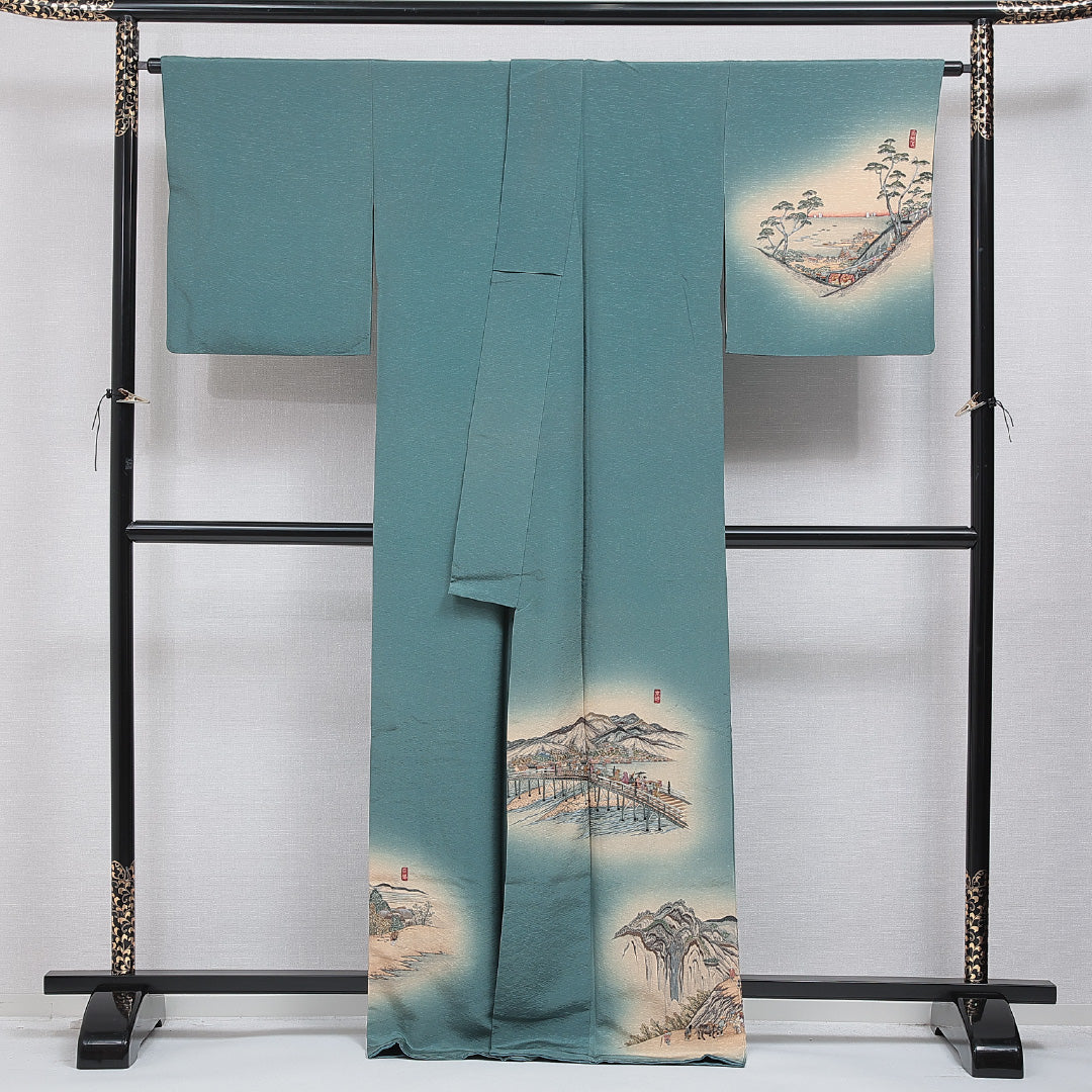 付下げ 袷 身丈169cm 裄丈68cm 正絹 Sランク インフォーマル 広衿 XLサイズ ぼかし染 刺繍 作家物 落款 東海道五十三次 緑系 M4 1218-15924
