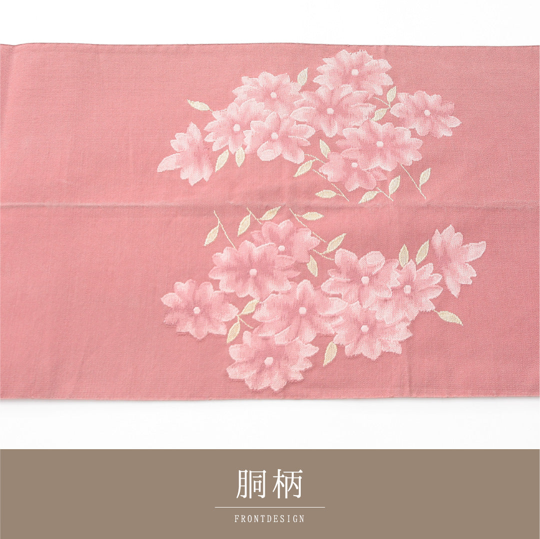 八寸名古屋帯 帯丈357cm カジュアル 松葉仕立て ポイント柄 Cランク 正絹 花柄 ピンク系 1224-04169