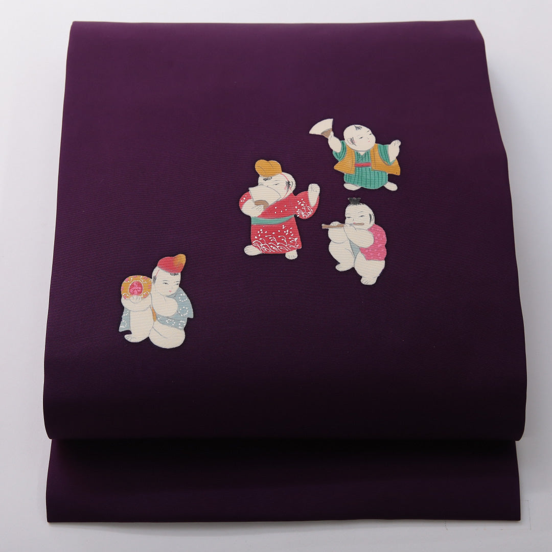 九寸名古屋帯 帯丈371cm カジュアル 名古屋仕立て ポイント柄 Aランク 正絹 染め帯 唐子 紫系 1224-03502