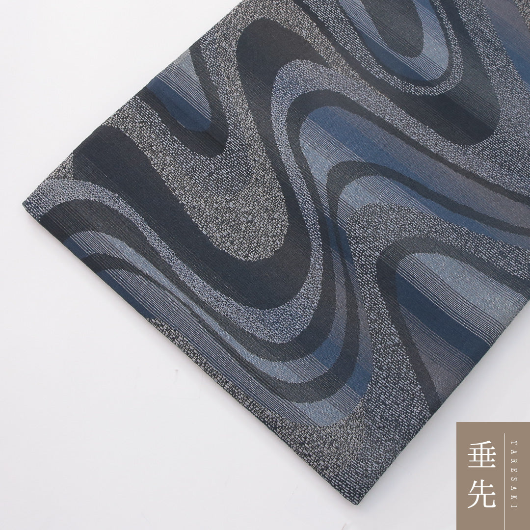 袋帯 帯丈434cm セミフォーマル 全通 帯芯なし Sランク 正絹 流水 藍染和紙織 青系 黒系 1223-02275