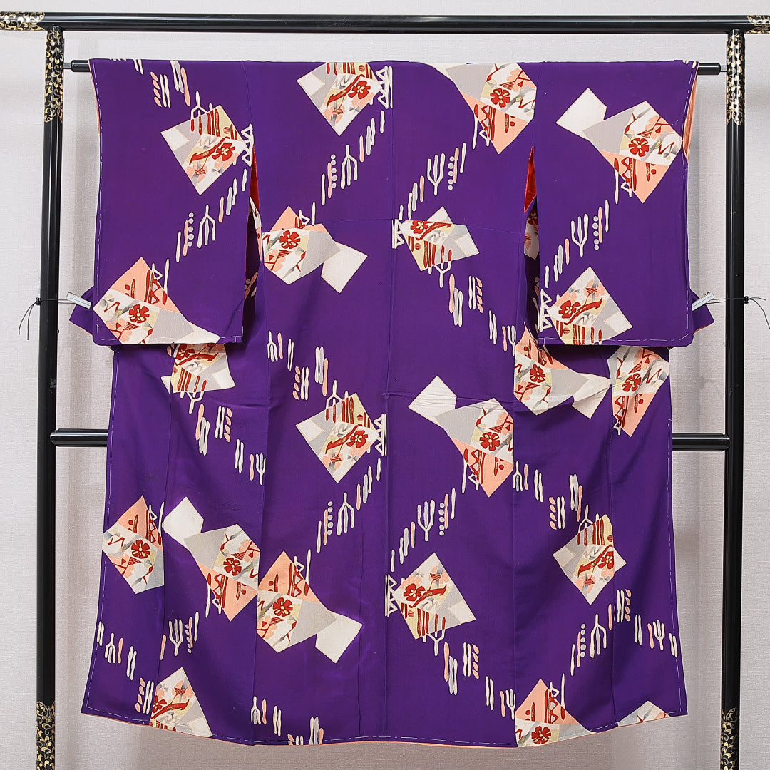 アンティーク 小紋 袷 身丈145cm 裄丈64cm 正絹 Bランク XSサイズ 広衿 創作柄 金彩 紫系 1215-15606