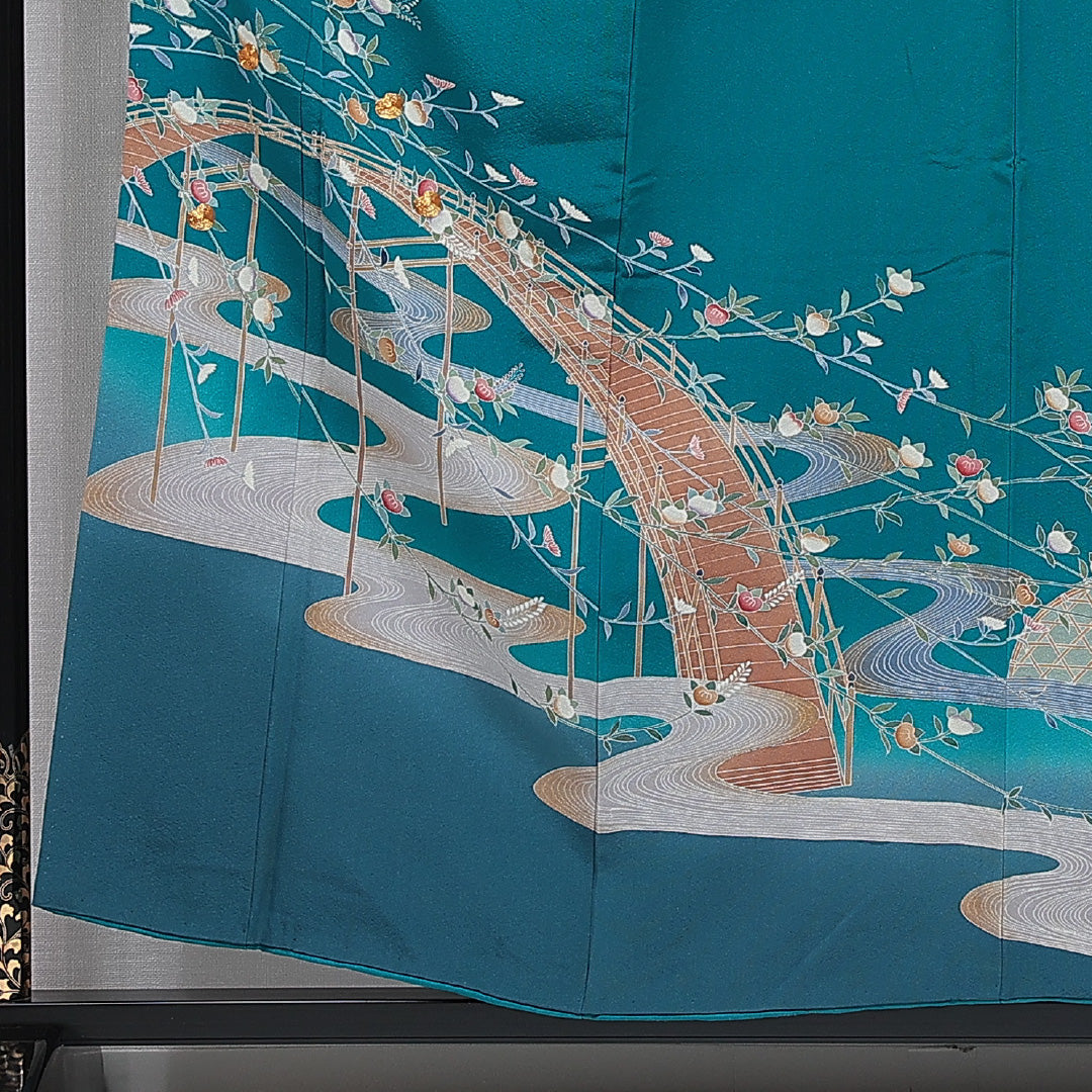 訪問着 洗える着物 袷 身丈156cm 裄丈65cm ポリエステル Sランク Mサイズ 広衿 セミフォーマル 流水 橘 金駒刺繍 緑系 青系 1212-16086