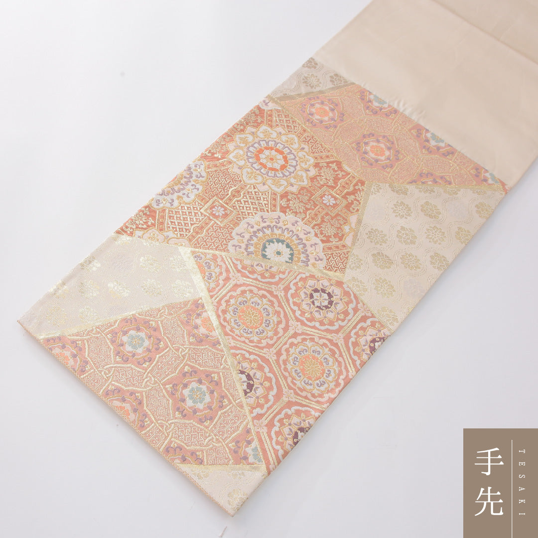 袋帯 帯丈436cm 正絹 六通 フォーマル 宝相華 吉祥文様 クリーム系 1243-02264