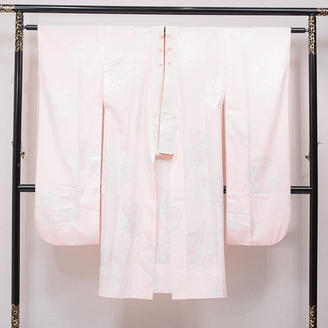 振袖用 長襦袢 無双袖 身丈128cm 裄丈62cm 正絹 Sランク Lサイズ 菊 ピンク系 RP 1240-15387