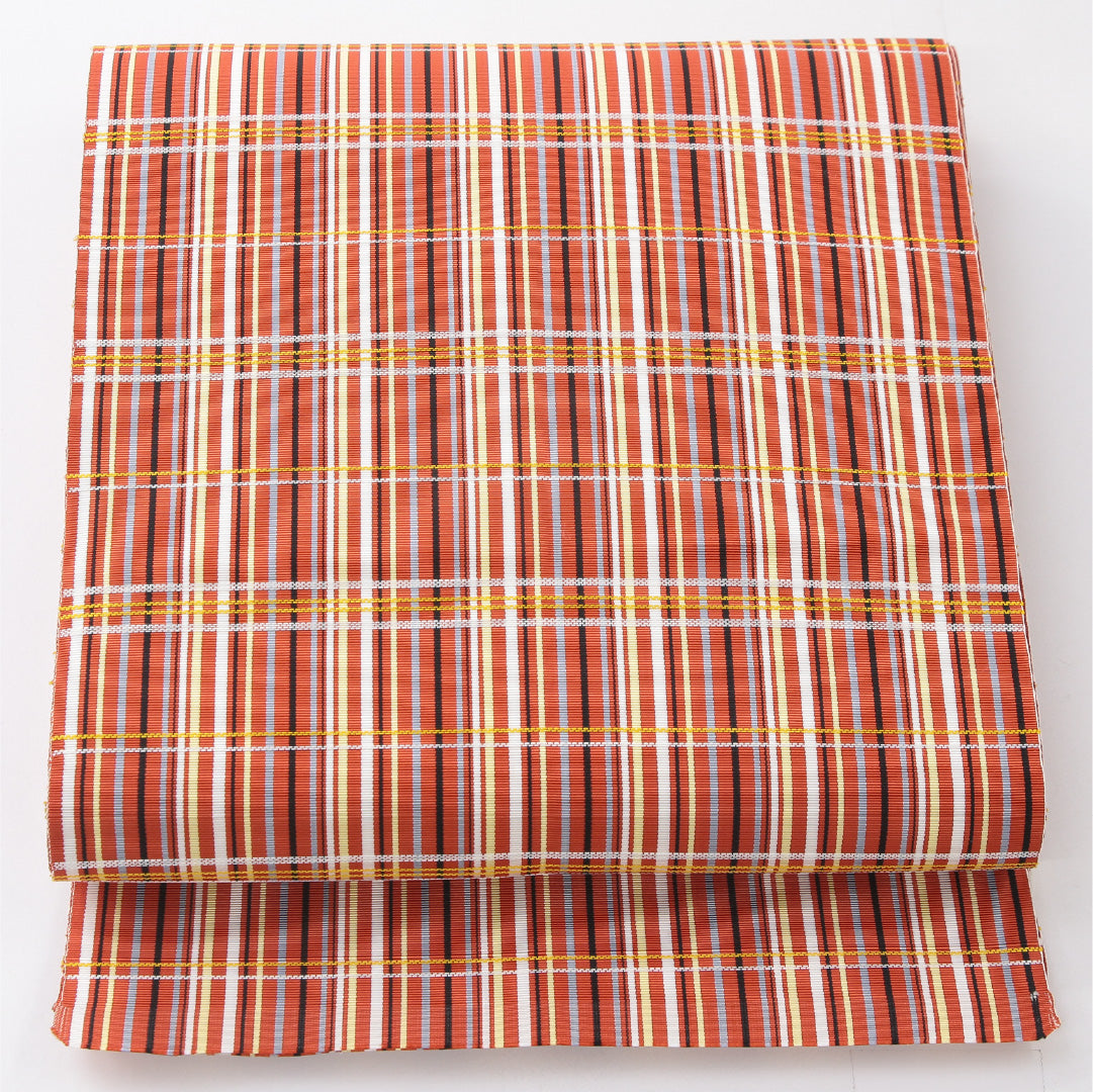 八寸名古屋帯 帯丈400cm カジュアル 開き仕立て 全通 未仕立て Aランク 正絹 博多織 格子 赤系 1224-04033