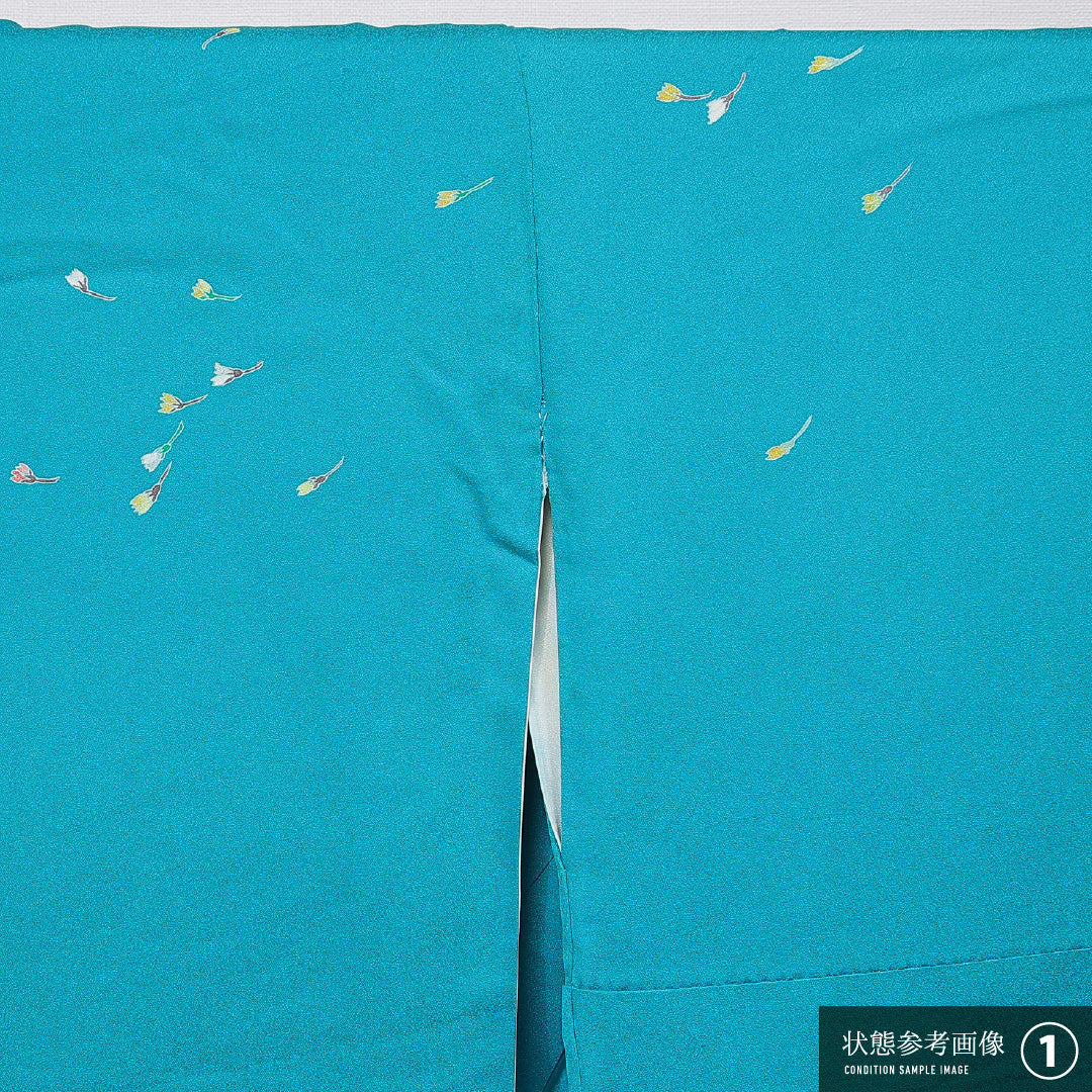 訪問着 洗える着物 袷 身丈163cm 裄丈67cm ポリエステル Cランク Lサイズ 広衿 セミフォーマル 牡丹 青系 緑系 1212-15678