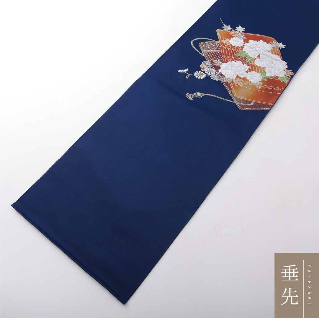 八寸名古屋帯 帯丈366cm セミフォーマル 松葉仕立て ポイント柄 Aランク 正絹 扇 牡丹 青系 1224-03727