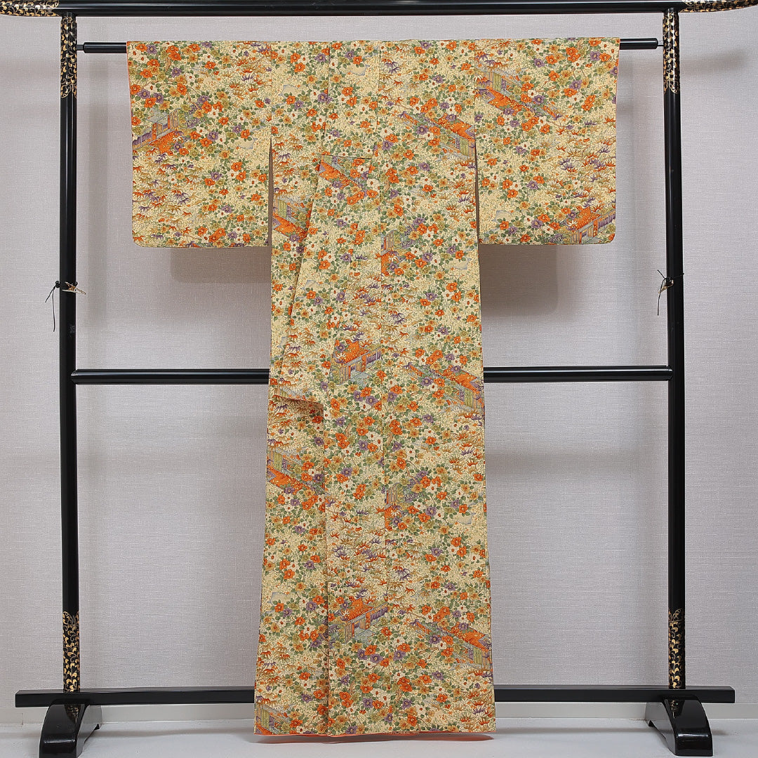 洗える着物 小紋 袷 身丈160cm 裄丈64cm ポリエステル Sランク インフォーマル 広衿 Lサイズ 茶屋辻 クリーム系 RP 1221-16357