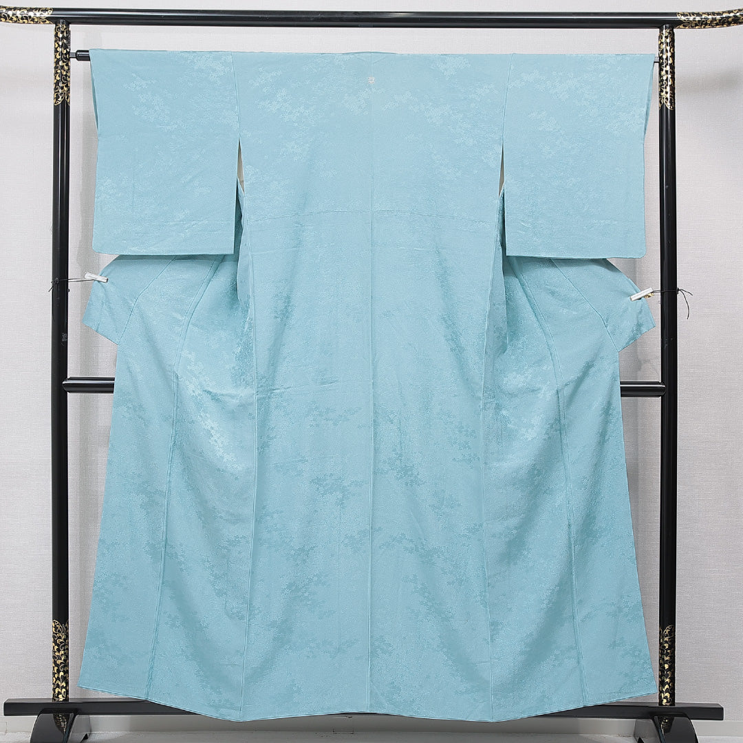 色無地 袷 身丈157cm 裄丈64cm 正絹 Bランク Mサイズ 広衿 一つ紋（橘） セミフォーマル 紋意匠 紅葉 無地 水色系 1214-15670