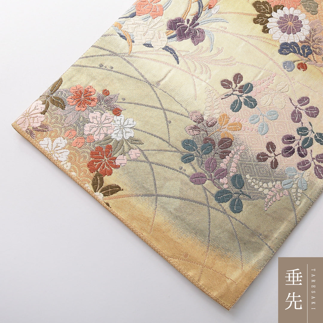 袋帯 帯丈442cm 正絹 六通 フォーマル 風景柄 四季草花 吉祥文様 多色系 1243-02117