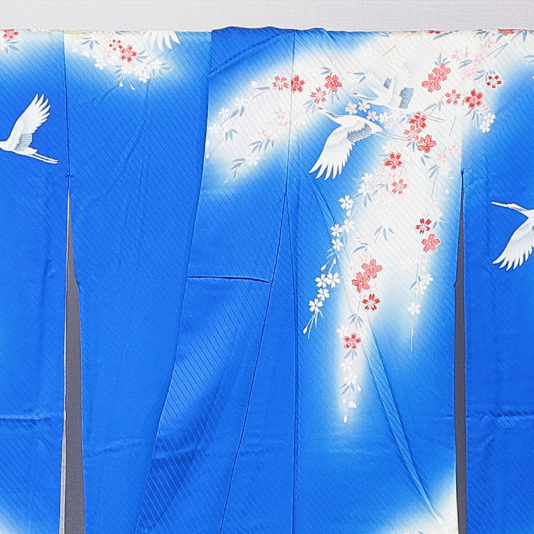 振袖 袷 身丈168cm 裄丈65cm フォーマル Cランク XLサイズ 正絹 広衿 鶴 扇 桜 1213-F0665