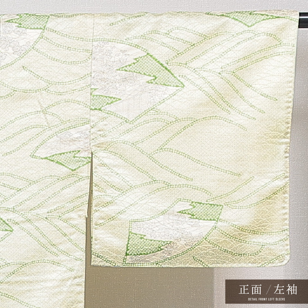 小紋 洗える着物 袷 身丈153cm 裄丈61cm ポリエステル Bランク Sサイズ 広衿 インフォーマル 古典柄 緑系 1215-15805