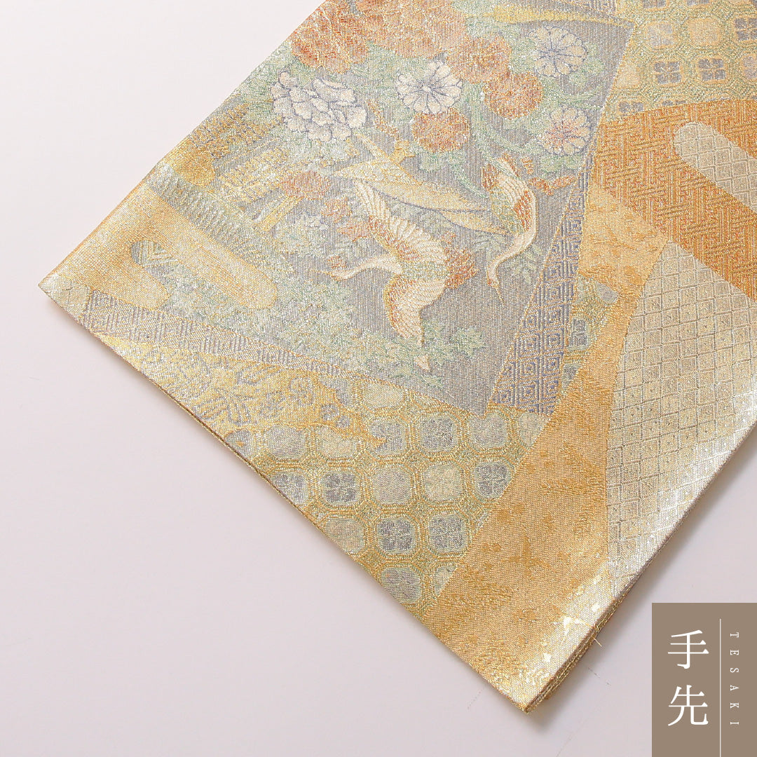 袋帯 帯丈416cm ポリエステル 六通 フォーマル 裂取り 吉祥文様 金系 1243-01782