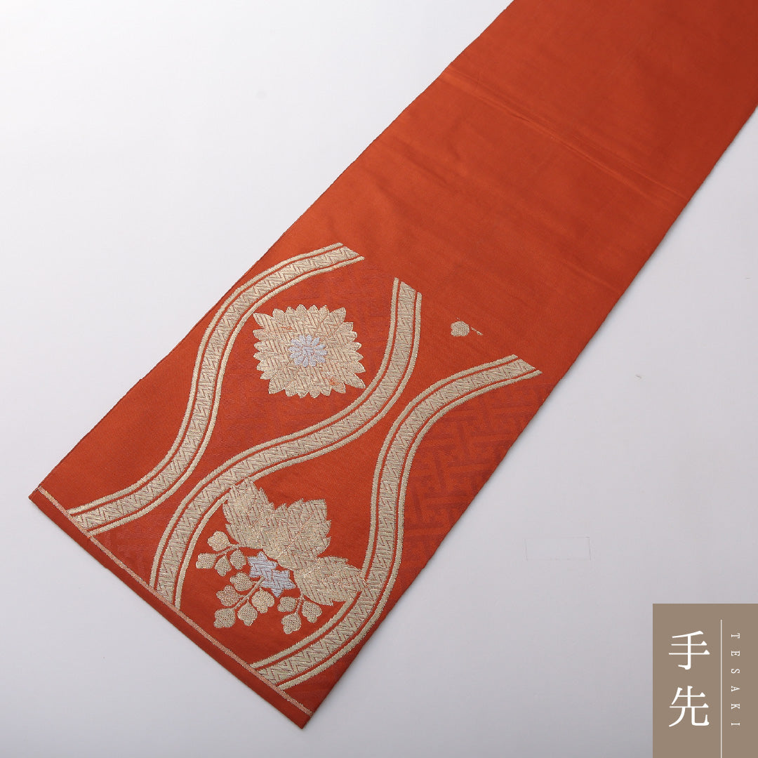 袋帯 帯丈408cm 正絹 六通 帯芯なし フォーマル 立涌 桐 吉祥文様 朱系 1243-02006
