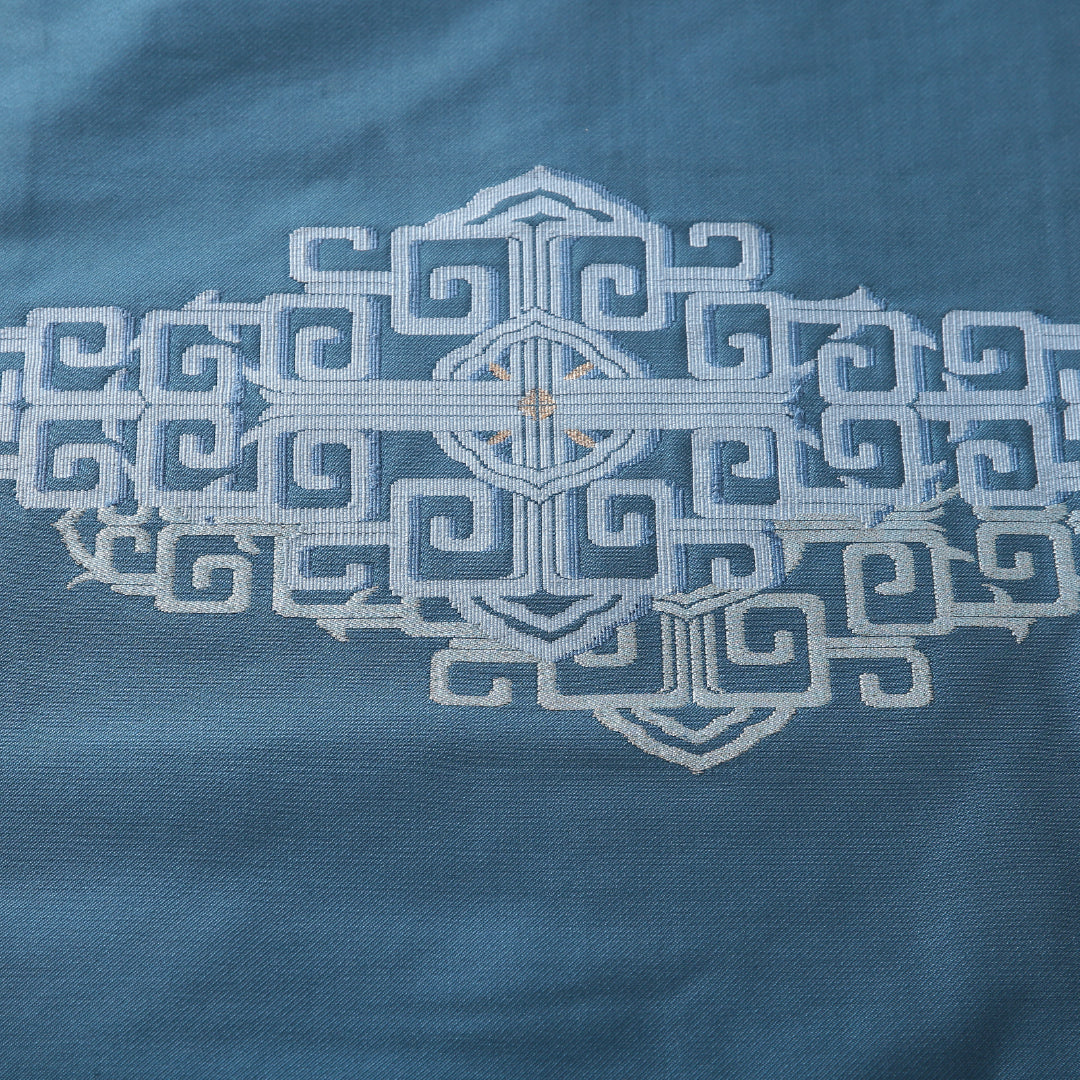 九寸名古屋帯 帯丈356cm カジュアル 名古屋仕立て ポイント柄 Bランク 正絹 創作柄 青系 1224-03836