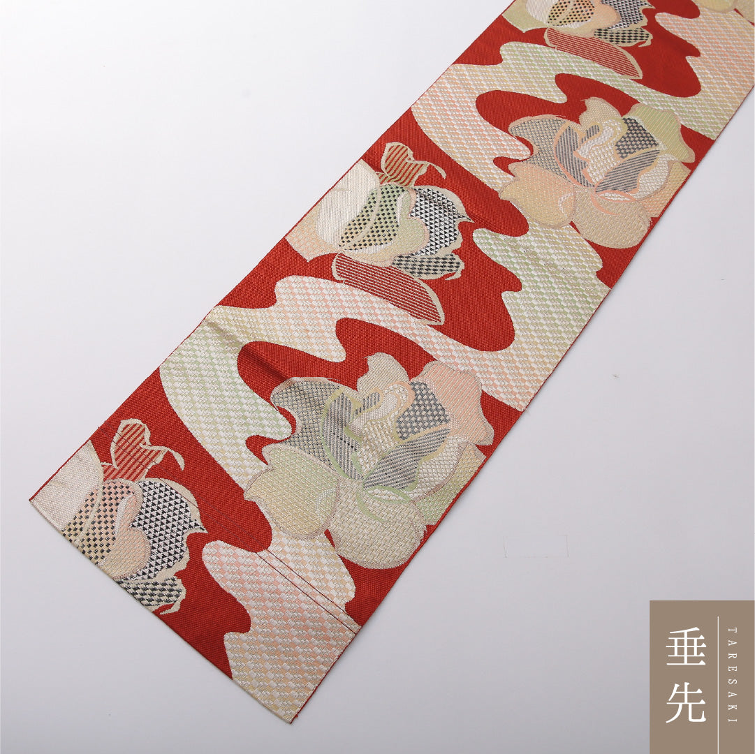八寸名古屋帯 帯丈351cm カジュアル 松葉仕立て 六通 帯芯なし Sランク 正絹 花柄 朱系 赤系 1224-03457