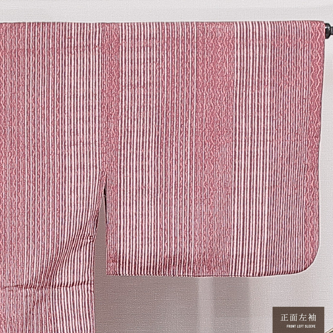 道中着 洗える着物 袷 身丈80cm 裄丈66cm ポリエステル Aランク Mサイズ バチ衿 カジュアル 縞 ピンク系 1264-15132