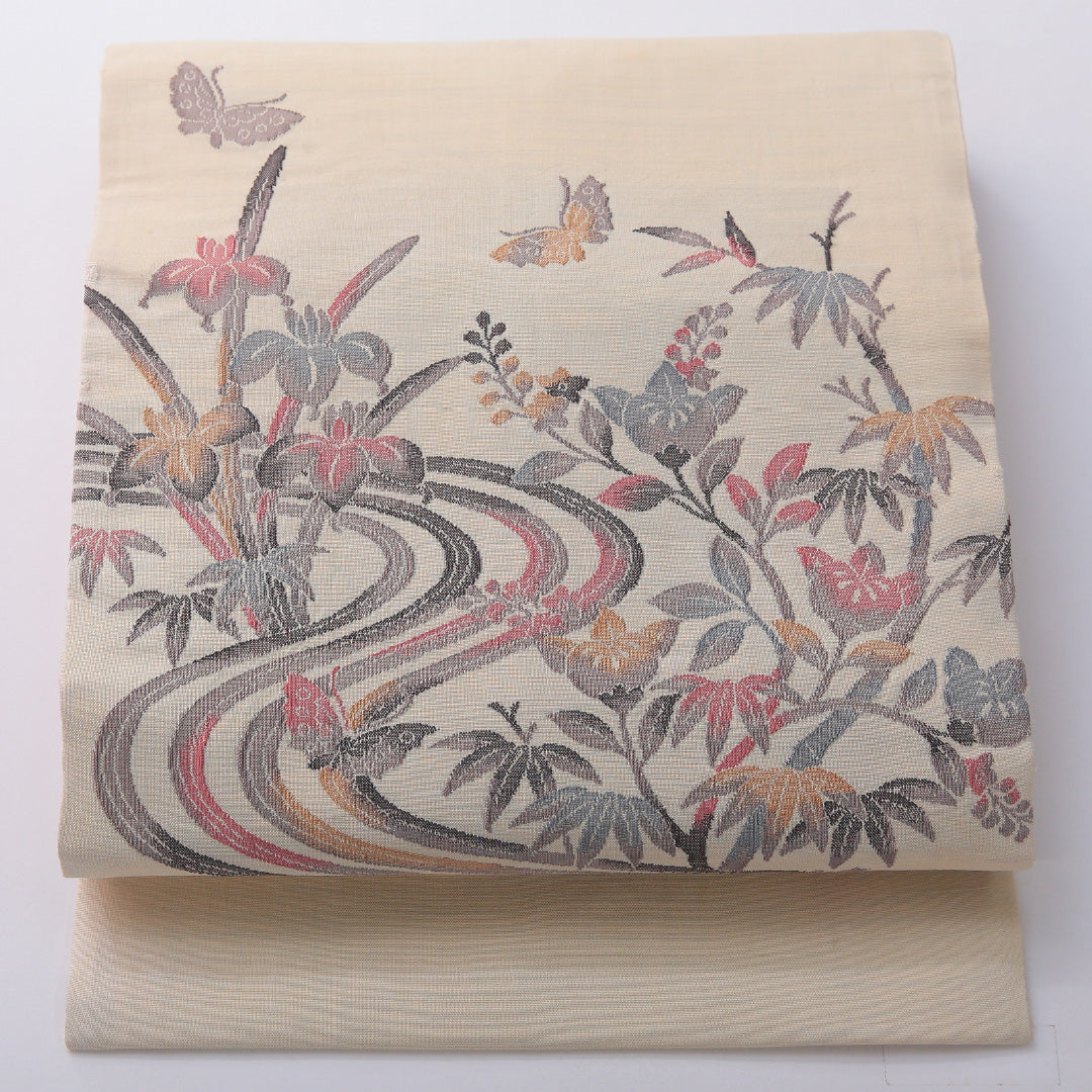 九寸名古屋帯 帯丈350cm セミフォーマル 名古屋仕立て ポイント柄 Cランク 正絹 蝶 流水 花柄 クリーム系 1224-03608