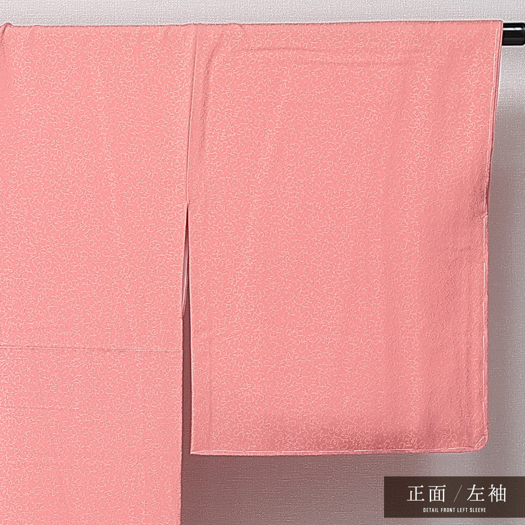 未使用品 江戸小紋 袷 身丈158cm 裄丈66cm 正絹 Sランク 一つ紋 (三つ柏) セミフォーマル 広衿 Mサイズ 創作柄 ピンク系 RP 1220-15013