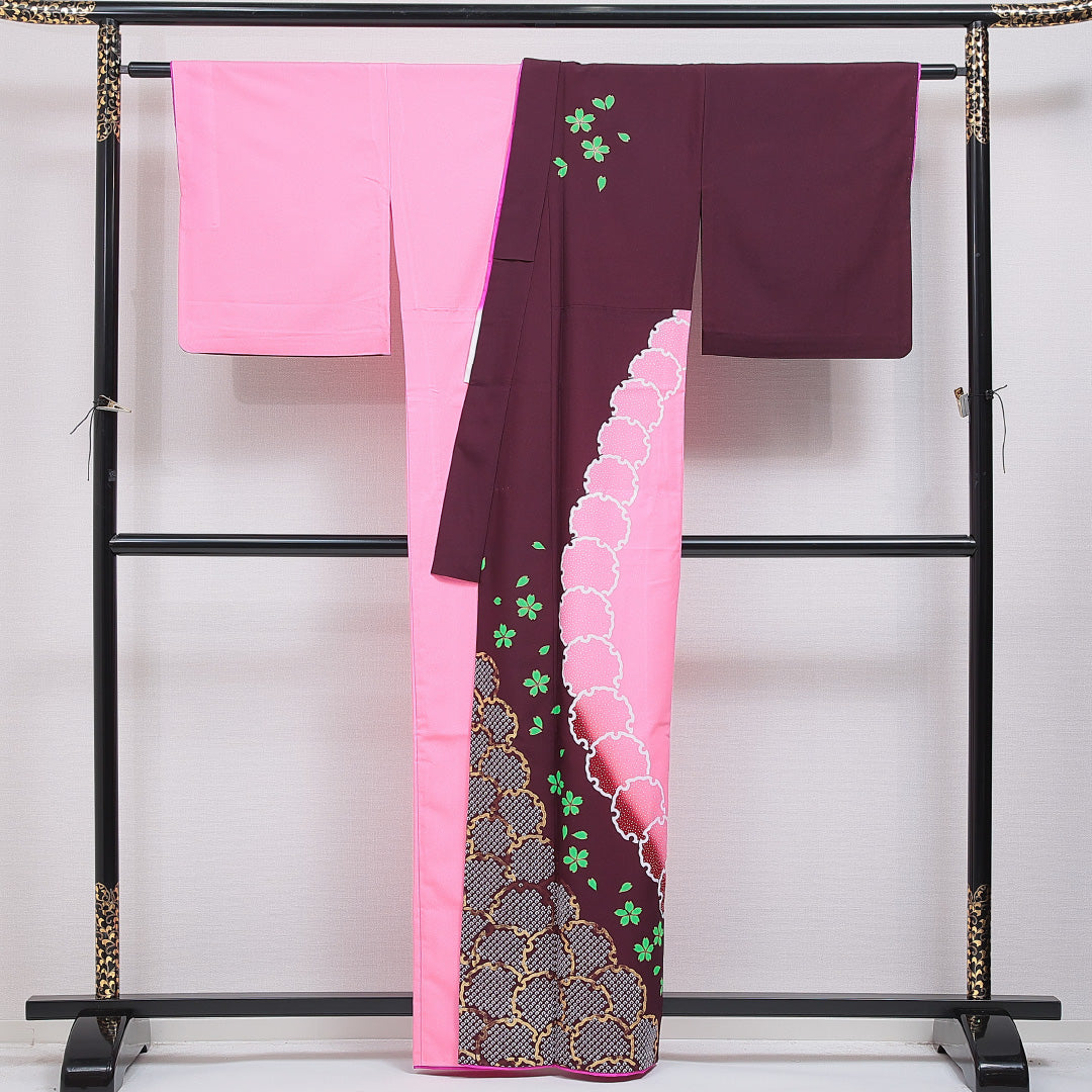 付下げ 洗える着物 単衣 身丈161cm 裄丈68cm ポリエステル Aランク Lサイズ バチ衿 インフォーマル 雪輪 桜 ピンク系 1261-16283