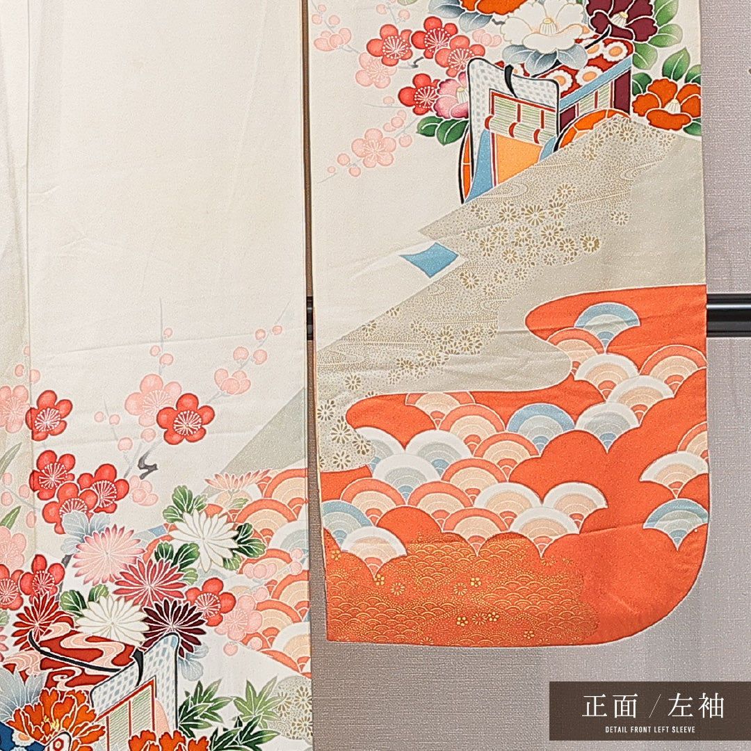 振袖 袷 身丈161cm 裄丈65cm フォーマル Cランク Lサイズ 正絹 広衿 御所車 牡丹 1213-F0686