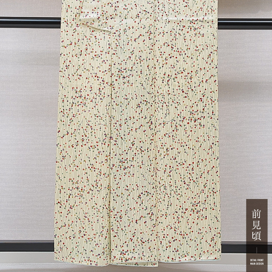 小紋 袷 身丈157cm 裄丈63cm 正絹 Sランク インフォーマル 広衿 Mサイズ 植物柄 クリーム系 RP 1221-15641