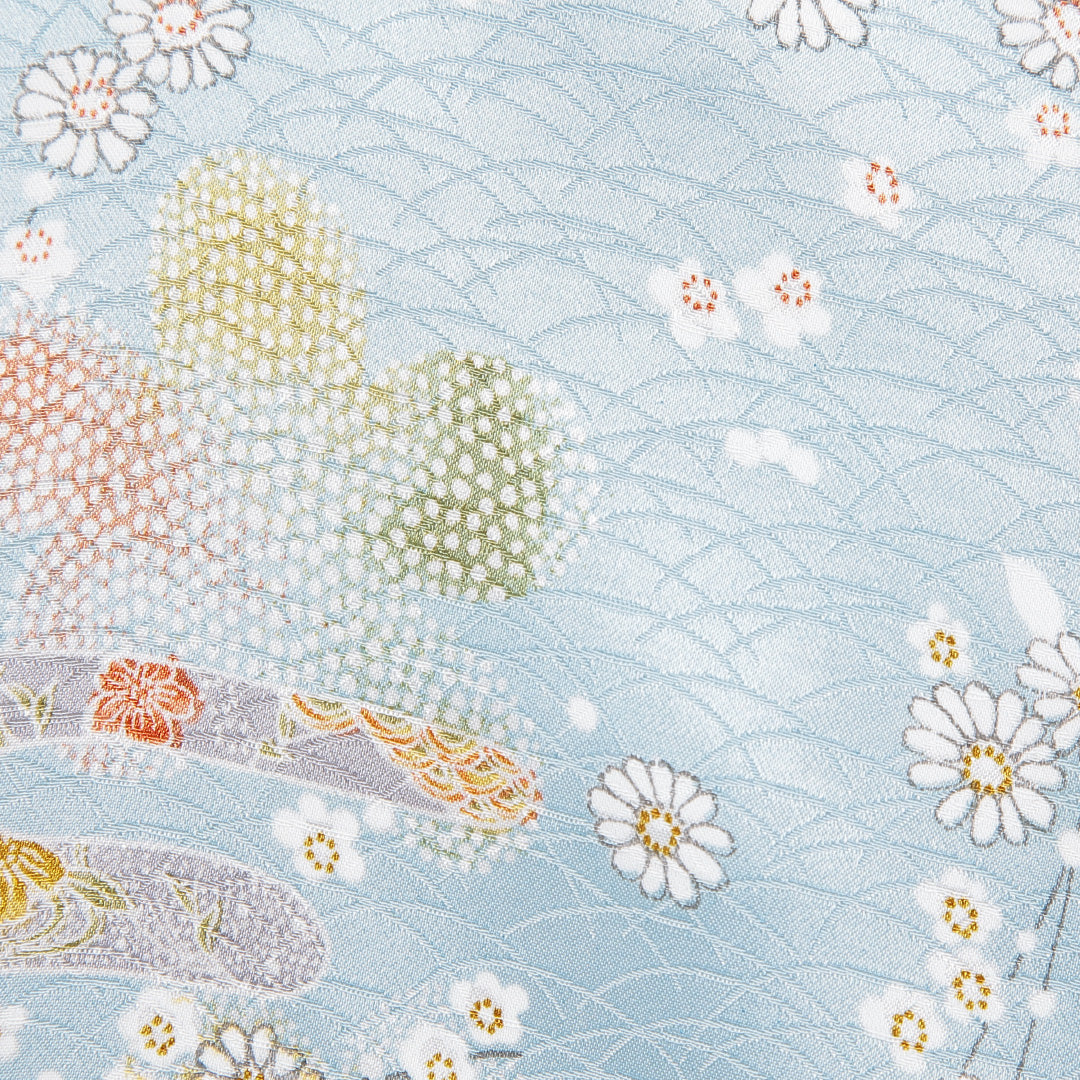 小紋 洗える着物 袷 身丈159cm 裄丈64cm ポリエステル Cランク Mサイズ 広衿 インフォーマル エ霞 梅 水色系 1215-15838