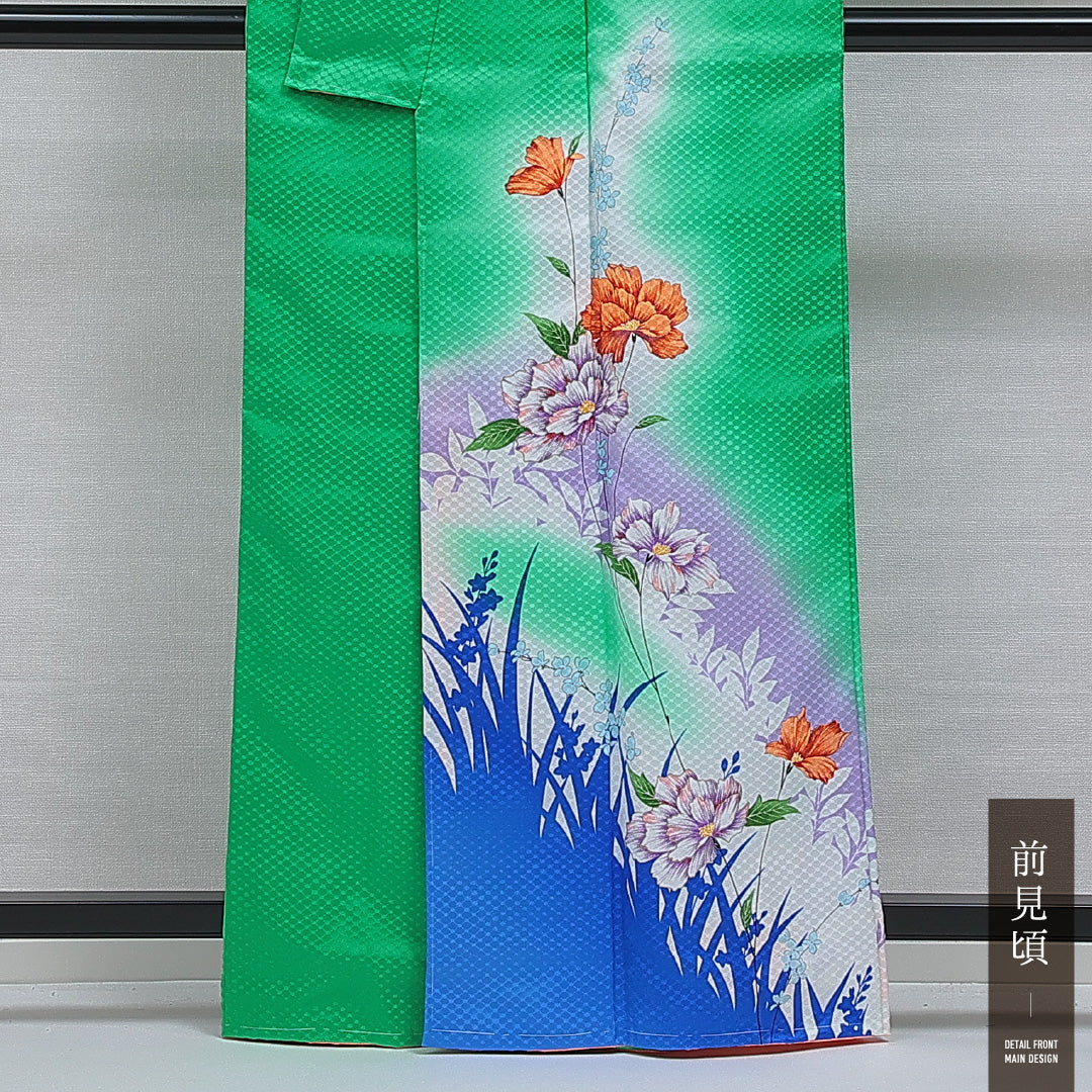 洗える着物 付下げ 袷 身丈162cm 裄丈66cm ポリエステル Aランク インフォーマル 広衿 Lサイズ 花柄 緑系 HP 1218-16399