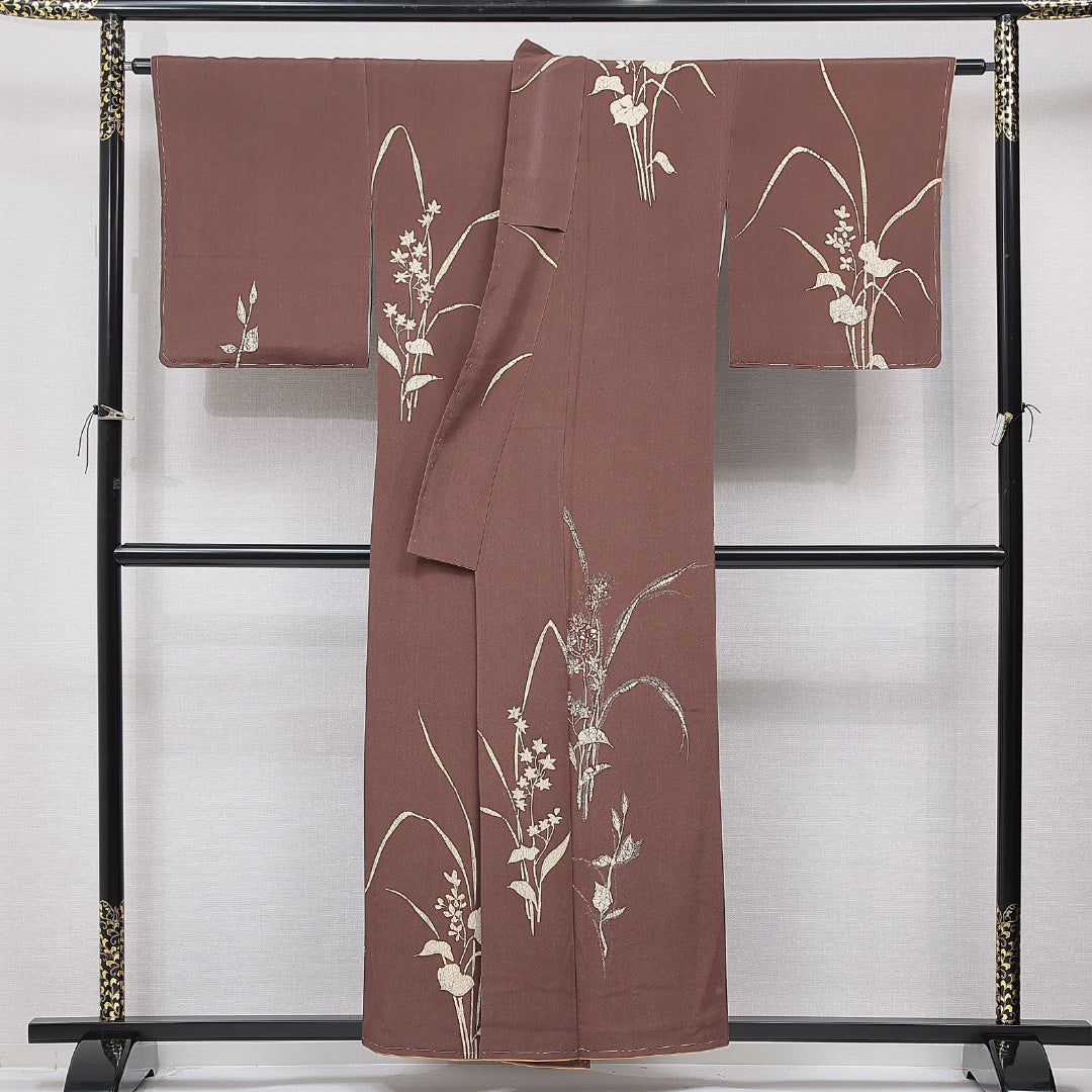 付下げ 袷 身丈155cm 裄丈66cm 正絹 Cランク インフォーマル 広衿 Mサイズ 花柄 茶系 HP 1218-15776