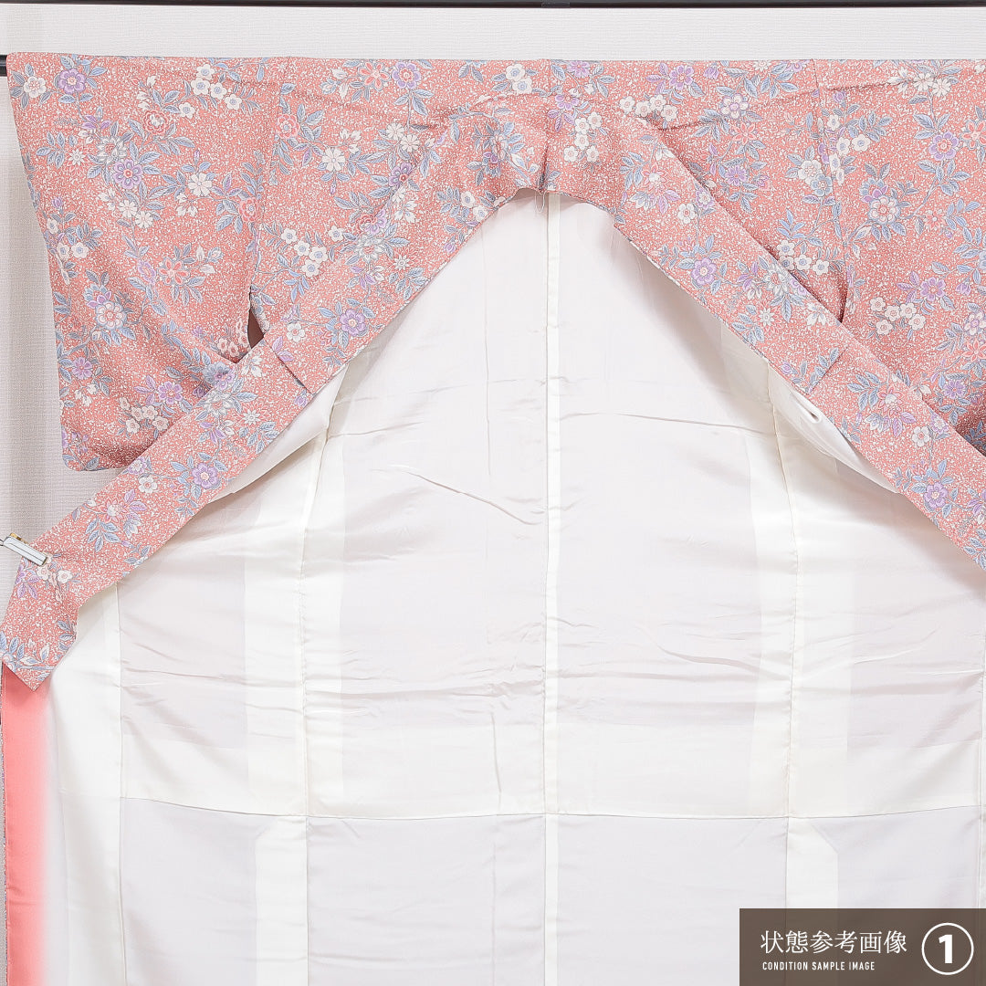 洗える着物 小紋 袷 身丈158cm 裄丈62cm ポリエステル Sランク インフォーマル 広衿 Mサイズ 花柄 ピンク系 RP 1221-16436