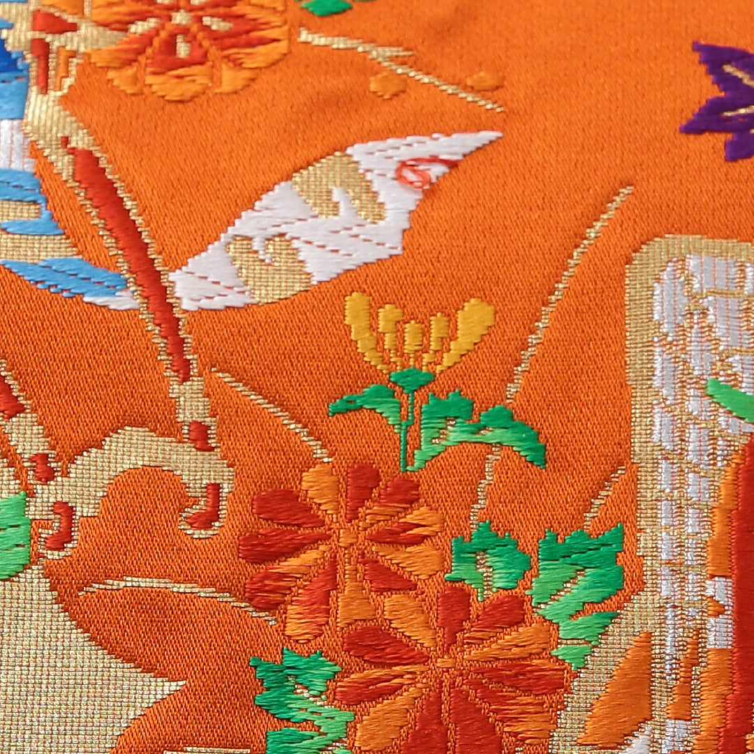 袋帯 帯丈436cm フォーマル 六通 Sランク 正絹 唐織 御所車 朱系 1223-02079