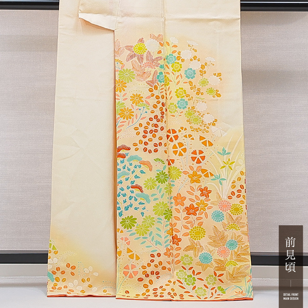 付下げ 袷 身丈166cm 裄丈66cm 正絹 Cランク XLサイズ 広衿 インフォーマル 花柄 クリーム系 1261-15655